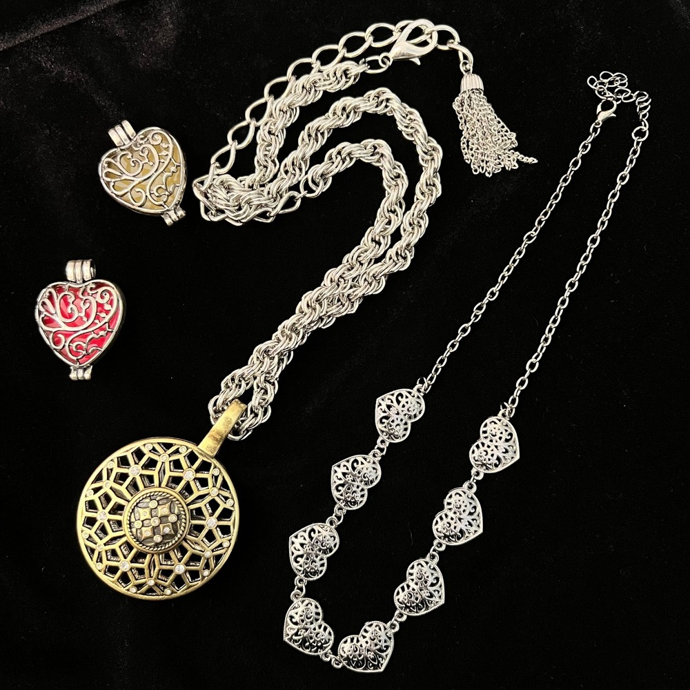 Romantic Gothic Filigree Jewelry Lot Medallion Heart Locket Necklace Set 4pc